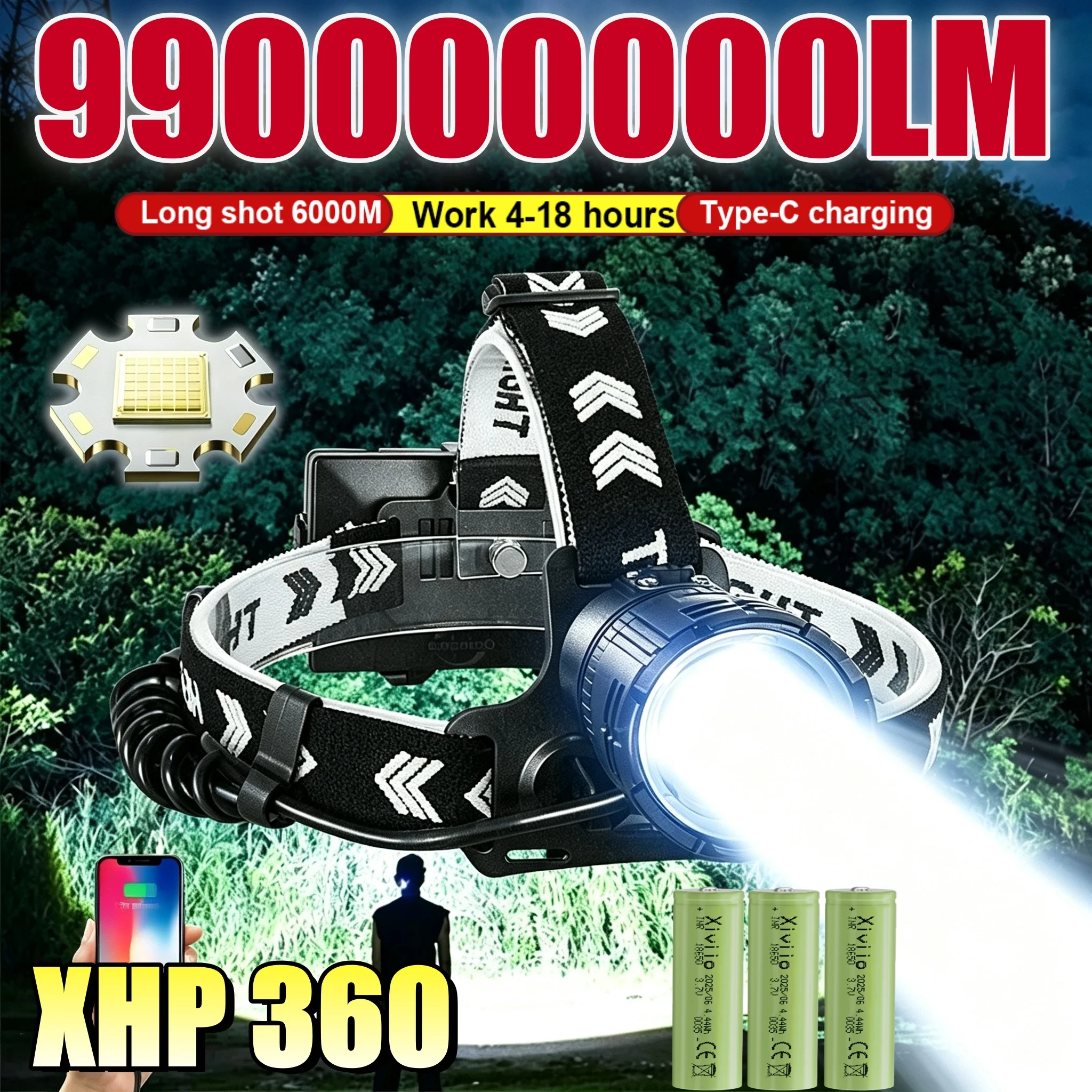 New 990000000LM XHP360 LED Zoomable Headlamp Type‑C Rechargeable 6000M Long Shot Headlight For Camping Fishing Hunting Emergency