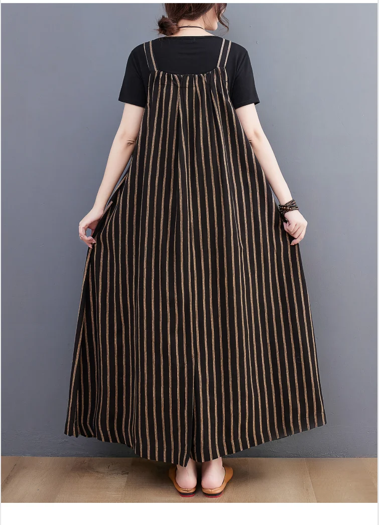 Summer Vintage Vertrical Striped Loose Pockets Cotton Dress Women Sleeveless Spaghetti Strap Casual Ankle-length A-line Dresses
