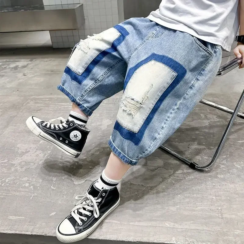 

Children's denim shorts new boys thin shorts summer Ripped Jeans teenage boys summer pants Casual 3-13 Year