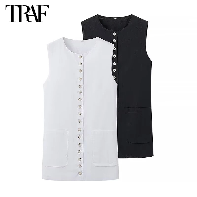 TRAF 2024 White Vests for Women Black Button Sleeveless Vest Woman Summer Holiday Women\'s Vests Streetwear Casual Vest Women