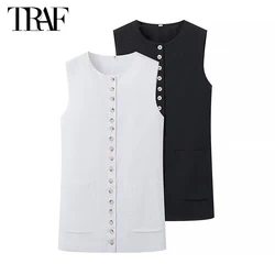 TRAF 2024 White Vests for Women Black Button Sleeveless Vest Woman Summer Holiday Women's Vests Streetwear Casual Vest Women