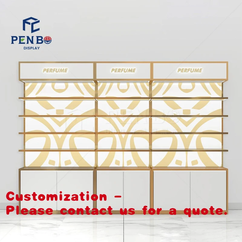 

Настраиваемая роскошная регулируемая витрина для косметики, настенный стеллаж для парфюмерии, демонстрационный шкаф из МДФ с подсветкой