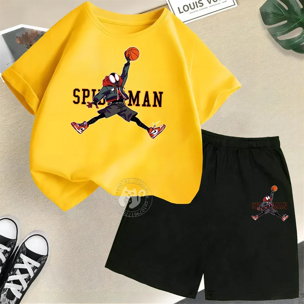 Summer Kids 100% cotton Short sleeve T-shirt + Shorts Boys Girls Spiderman Jump Play Basketball printed street casual suit