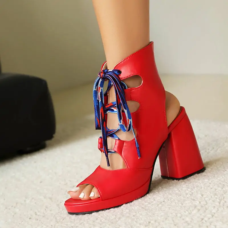 ORCHA LISA Sandal Wanita Desain Baru Hak Blok Ujung Bulat 9Cm Platform 1.5Cm Berenda Ukuran Besar 41 42 Sepatu Wanita Kencan Fashion