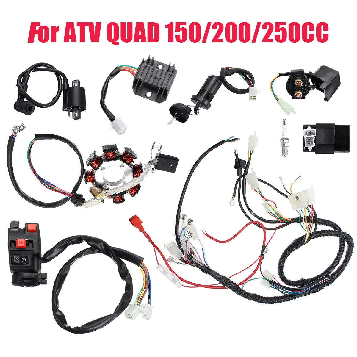 1 set Wiring Harness Loom CDI Ignition Coil Spark Plug Switch Solenoid Relay for 150cc 200cc 250cc ATV Dirt Bike Stator