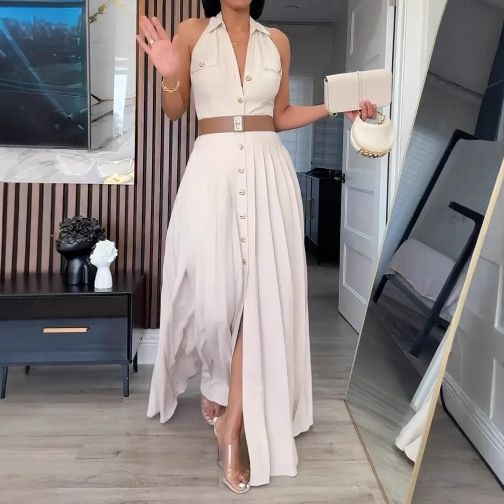 섹시한 백리스 넥 홀터 슬리브리스 솔리드 컬러 드레스 여름 하이웨이스트 A라인 롱 드레스 V넥 싱글 버튼 클로저 드레스