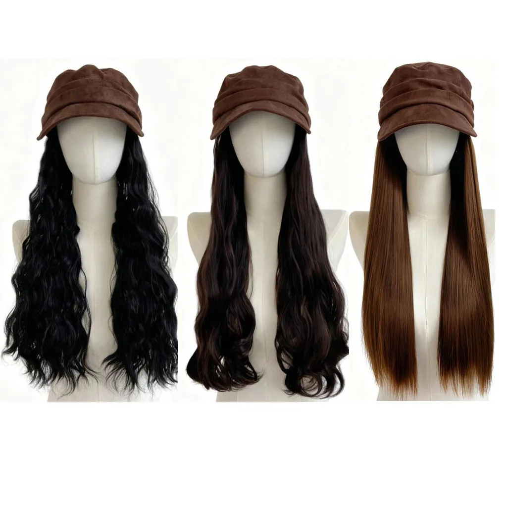 Vintage hat wig integrated, convenient commuting and dating hair cover, long straight hair design, winter new style