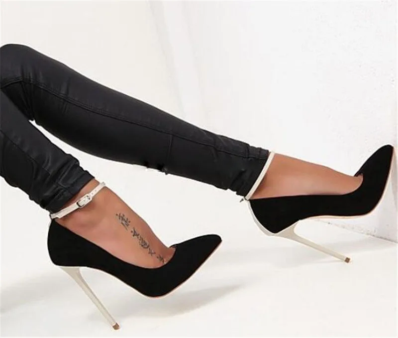 مثير النساء الكاحل حزام خنجر رقيقة كعب مضخات أشار تو 12 سنتيمتر براءات الاختراع والجلود عالية الكعب مختلط الألوان الجلود خليط الأحذية