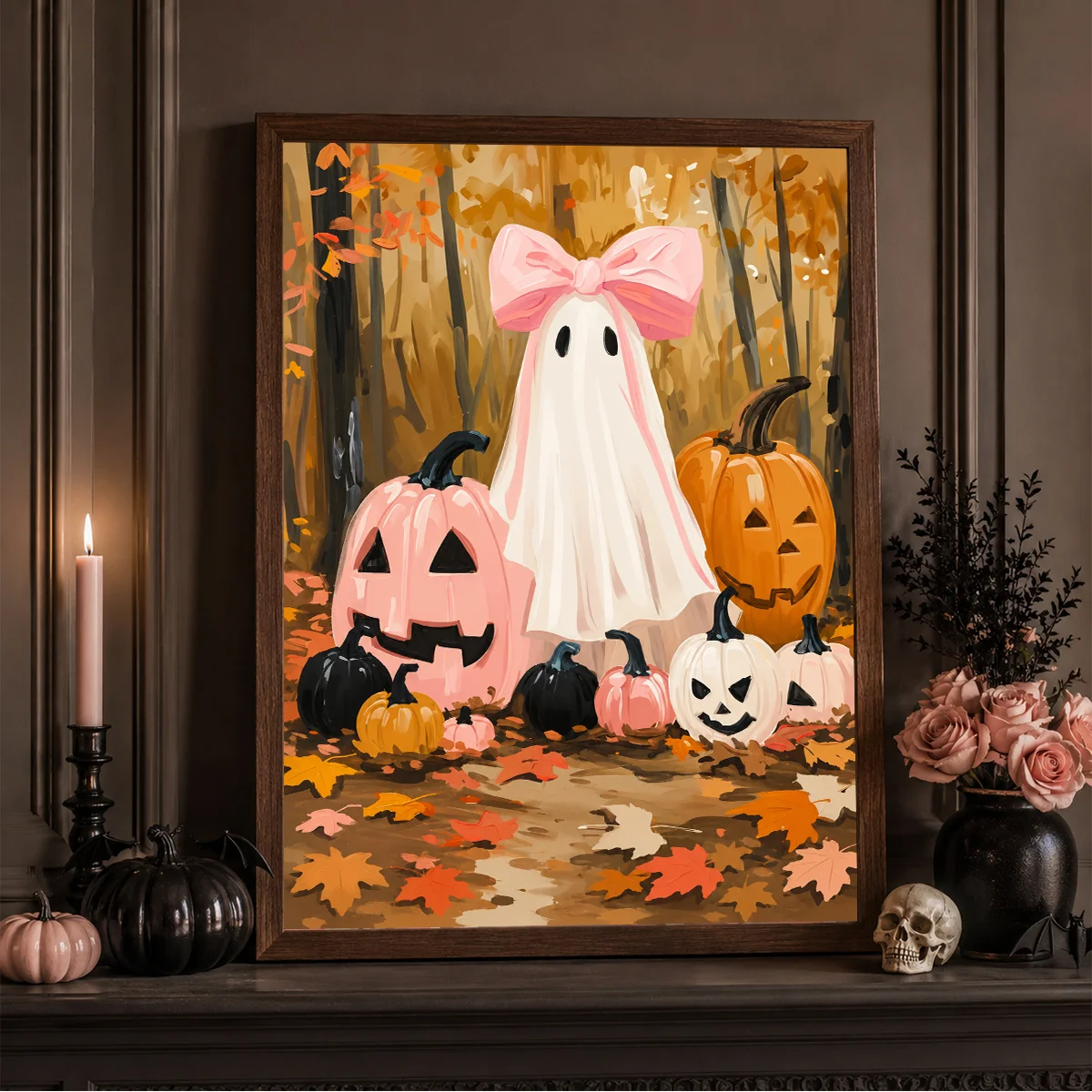 2D Flat, 1pc Frameless Modern Pink Bow & Multicolor Grinning Pumpkin Poster - Suitable for Halloween Wall Decor, Bow Accent A