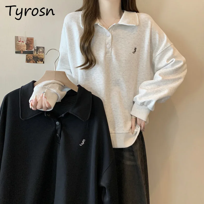 Turn Down Collar Sweatshirts Women Spring Autumn New Loose Cozy All-match Korean Style Button College Tops Students Sweet Girls