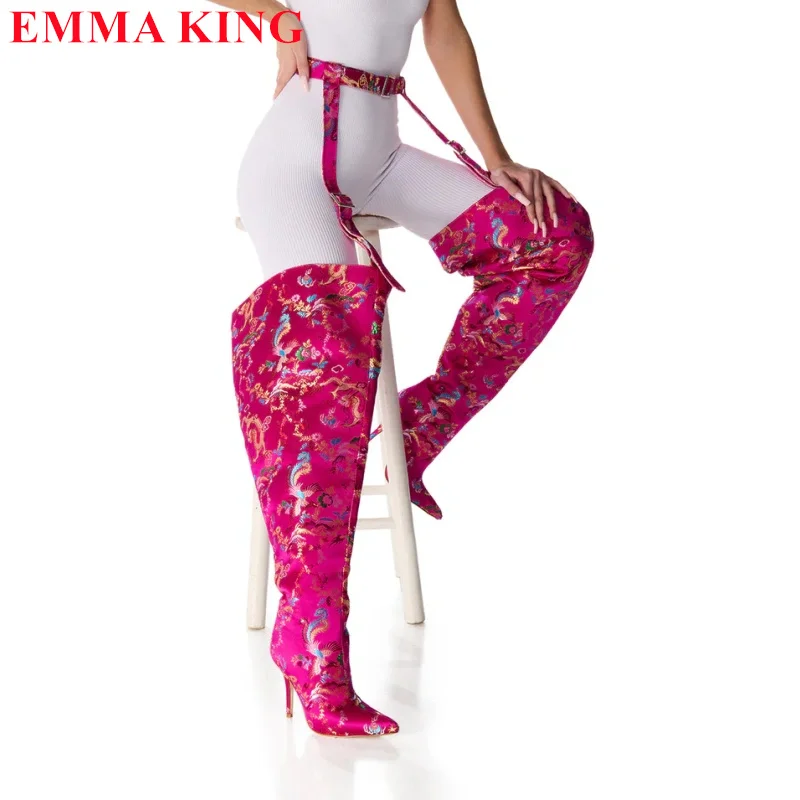 

Роскошные розовые сапоги до бедра с вышивкой и пряжкой на ремне, женские сапоги выше колена с острым носком, длинные женские сапоги с напуском на высоком каблуке