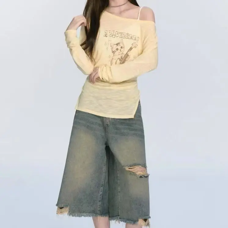 

Onalippa 2025 Irregular Long Sleeved T-shirt Spring Autumn Slightly Transparent Thin Style Yellow Korean Sunscreen Cover Shirt