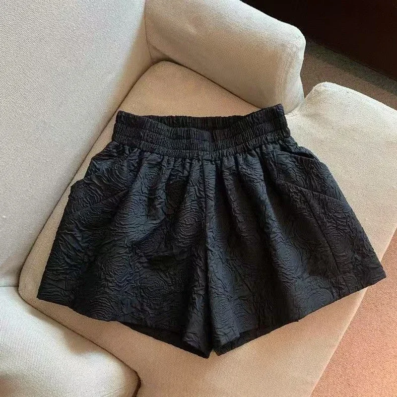 ブラックホワイトジャカードショーツ レディース 2025 夏 ウエストゴム ハイウエスト ポケット ワイドレッグショーツ ストリートウェア ハーフパンツ