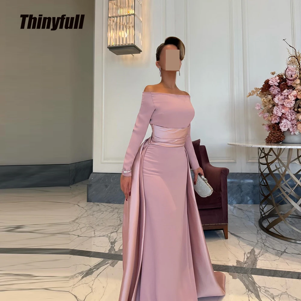 

Thinyfull Mermaid Satin Arab Prom Dresses Off Shoulder Long Sleeves Evening Gown Formal Dress robes de soirée Customized