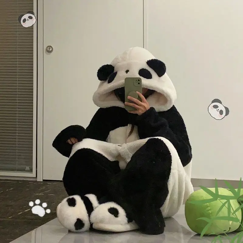 Cartoon Panda Thickened Coral Fleece Sleepwear Women's Winter Home Clothes Set Outwear Capable Large Size Robe Dream Shunfen