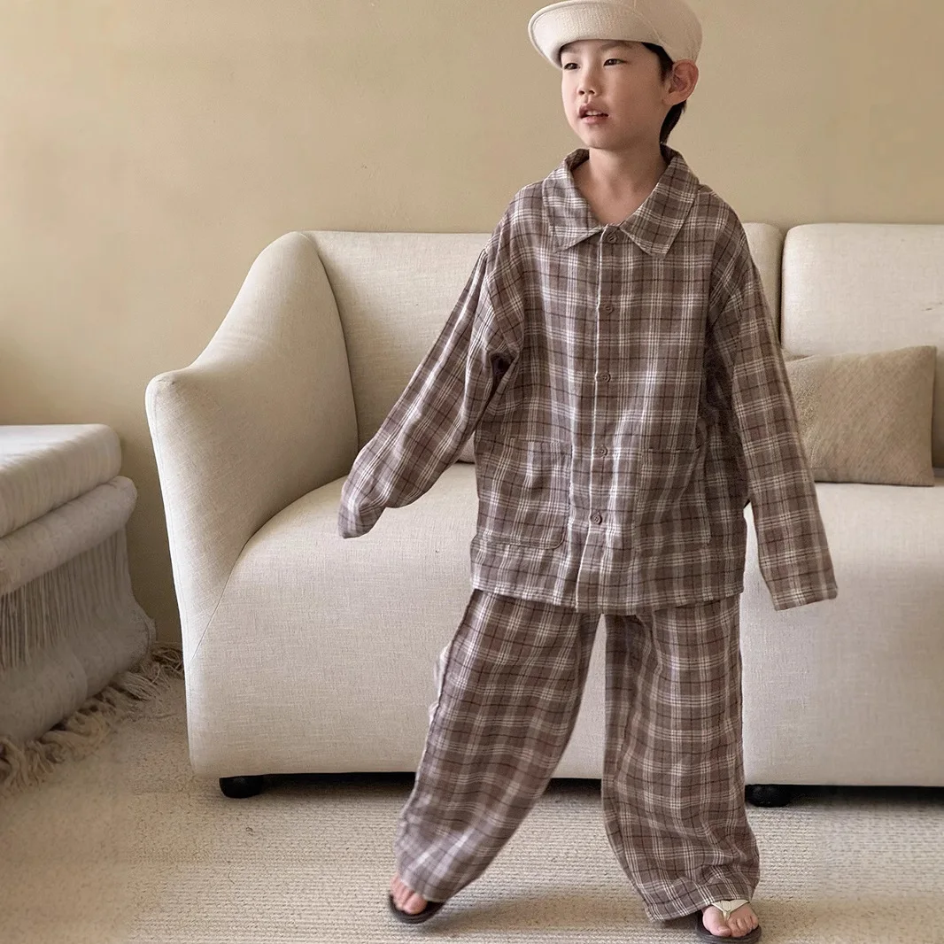 2026 New Children's Pyjamas Autumn Clothes Soft Casual Plaid Set Casual Loungewear for Boys and Grils