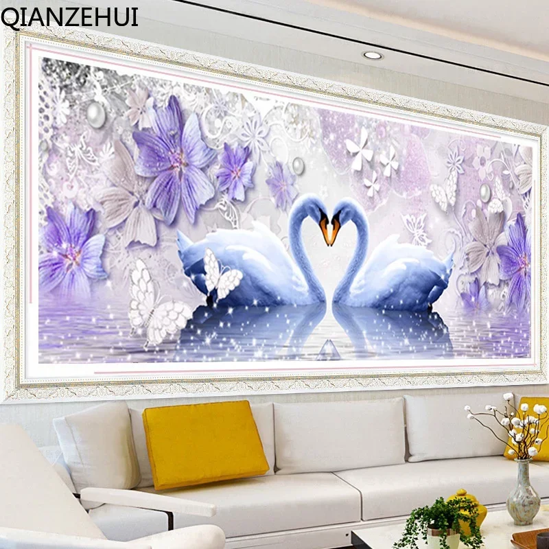 DIY full Diamond Embroidery,Round Diamond Swan Lake Living room decoration rhinestone beads Diamond painting