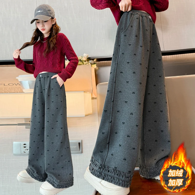 

Girls' Autumn Korean Bow Casual Pants Versatile Warm Child Trousers Fashion Outdoors Toddler Kids Retro Loose Harem Pants 4-14Y