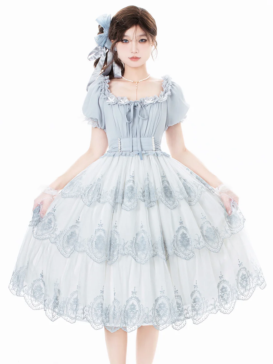 Japanese Sweet Style Girl Cosplay Lolita Op Elegant Lace Flower Ruffle Ribbon Bowknot Pearls Waistband Tunic Puff Sleeve Dress