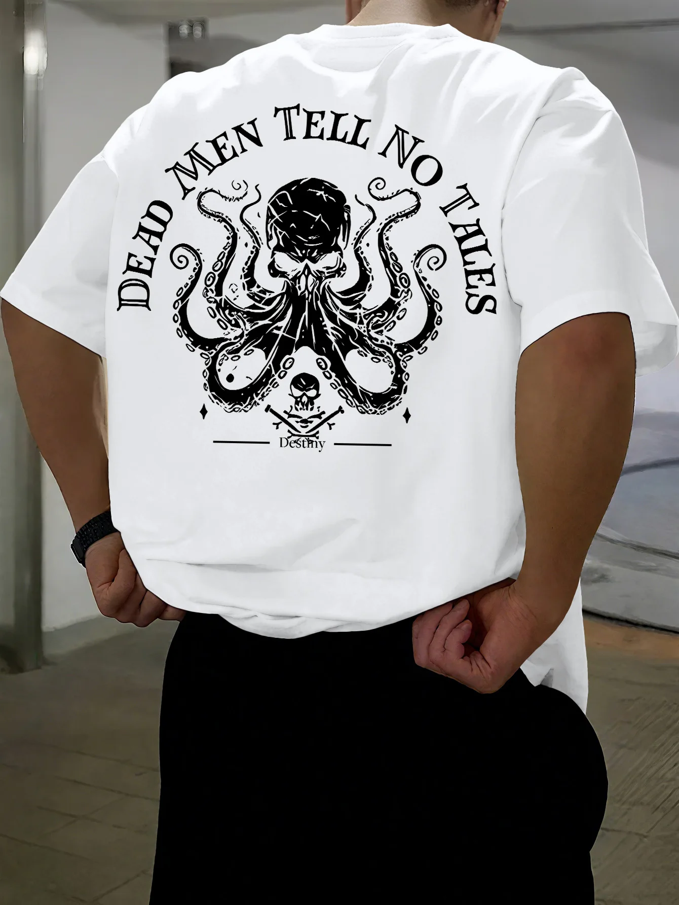 Neues Vintage Piraten-Oktopus-Schädel Grafik-Print T-Shirt für Männer, Locker Geschnittenes Streetwear Kurzarm-Oberteil S-XXL – Detail 4