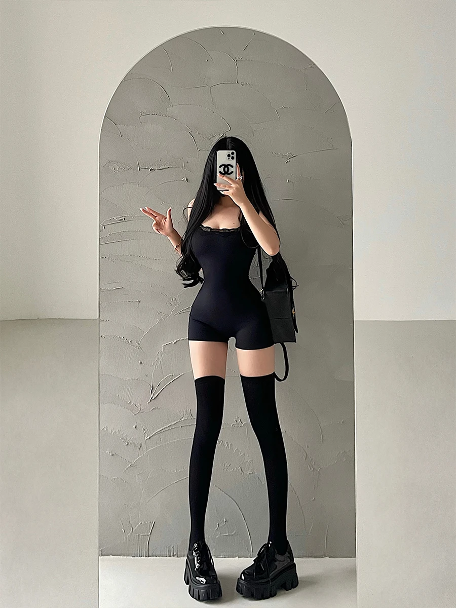 

Adjustable Strap One-Piece ort Pants Sexy Slimming Lace Trim Csole Bot High Waist ort Length for Young Girls