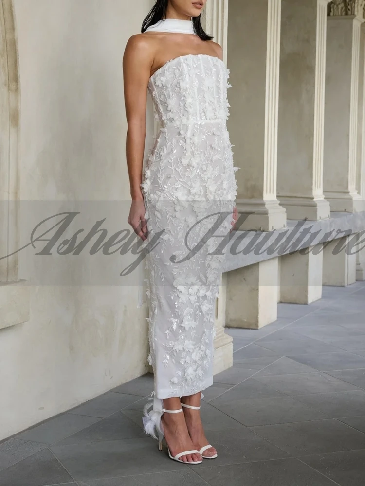 A3327 高級女性フォーマルイブニングドレスストラップレスフラワービーズシース足首丈結婚式のゲストパーティープロム行事カスタマイズ