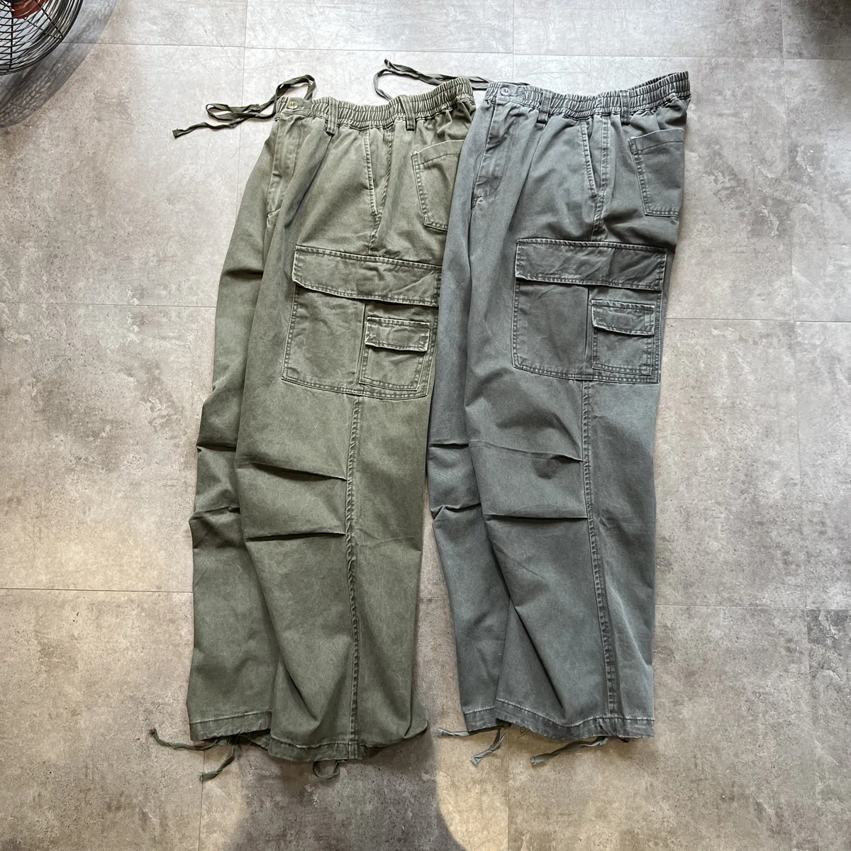 Amekaji Wear Japanese Style Wash Wax Dye Distressed Men Loose Paratrooper Pants Large Pocket Wide Leg Tied Overalls Ankle Banded