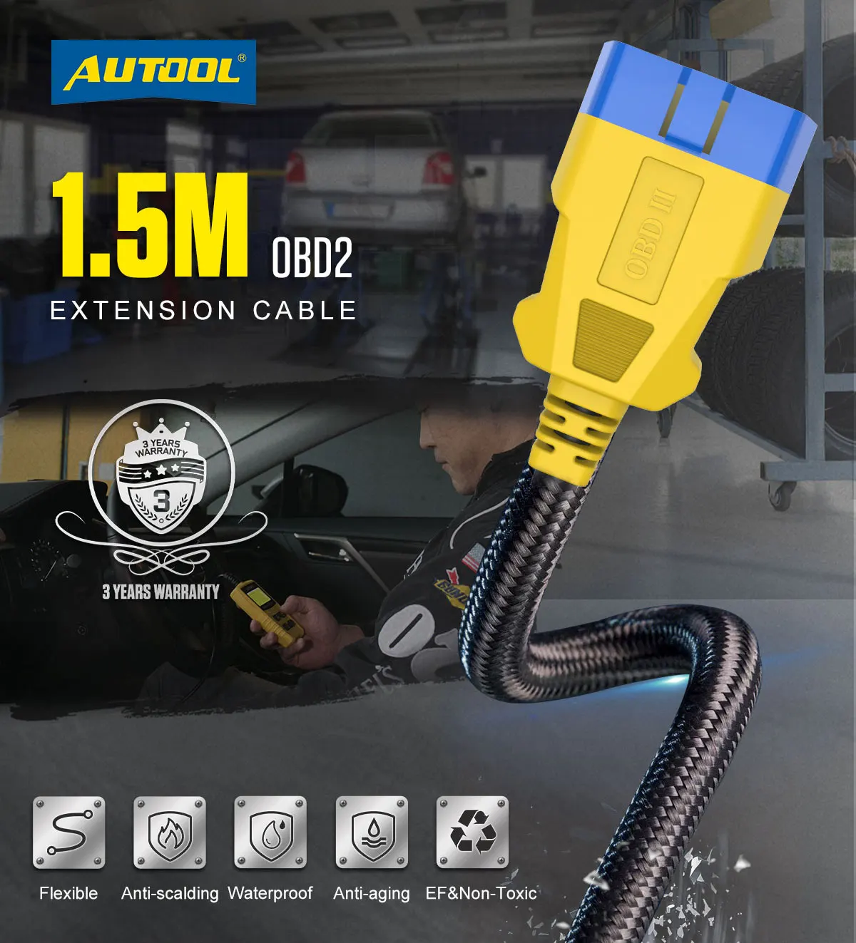 

AUTOOL 150 см автомобильный OBD II AUTOOL усиленный нейлоновый удлинительный кабель OBD 1,5 м для Pro3/Launch/ELM327
