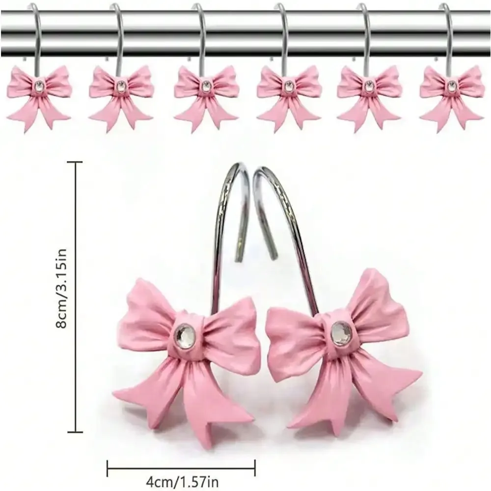 

Hot sales12pcs Valentine's Day Resin Pink Bow Design Rust-Proof Metal Shower Curtain Hooks, Decorative Bathroom Home Accessories