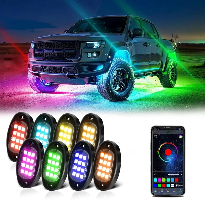 

RGB Rock Lights, Multicolor Underglow Lights Kit With App Control Flashing Music Mode Waterproof Wheel Well Light Parts ,8 Pods