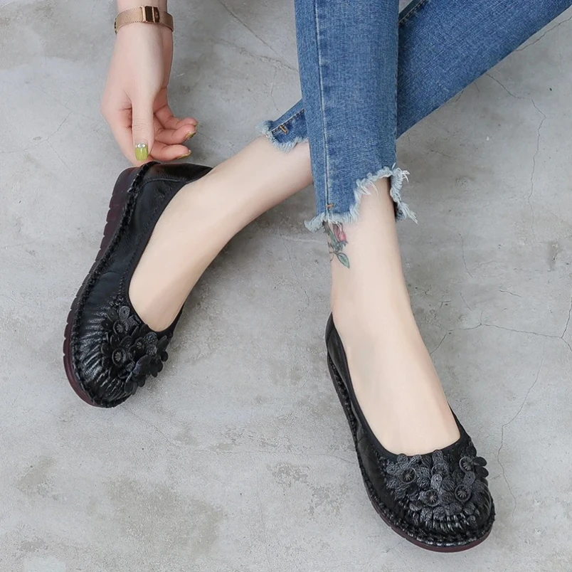 

2025 женские лоферы из натуральной кожи на плоской подошве с цветочным принтом, мягкие однотонные туфли с круглым носком, женская обувь на платформе, Zapatos