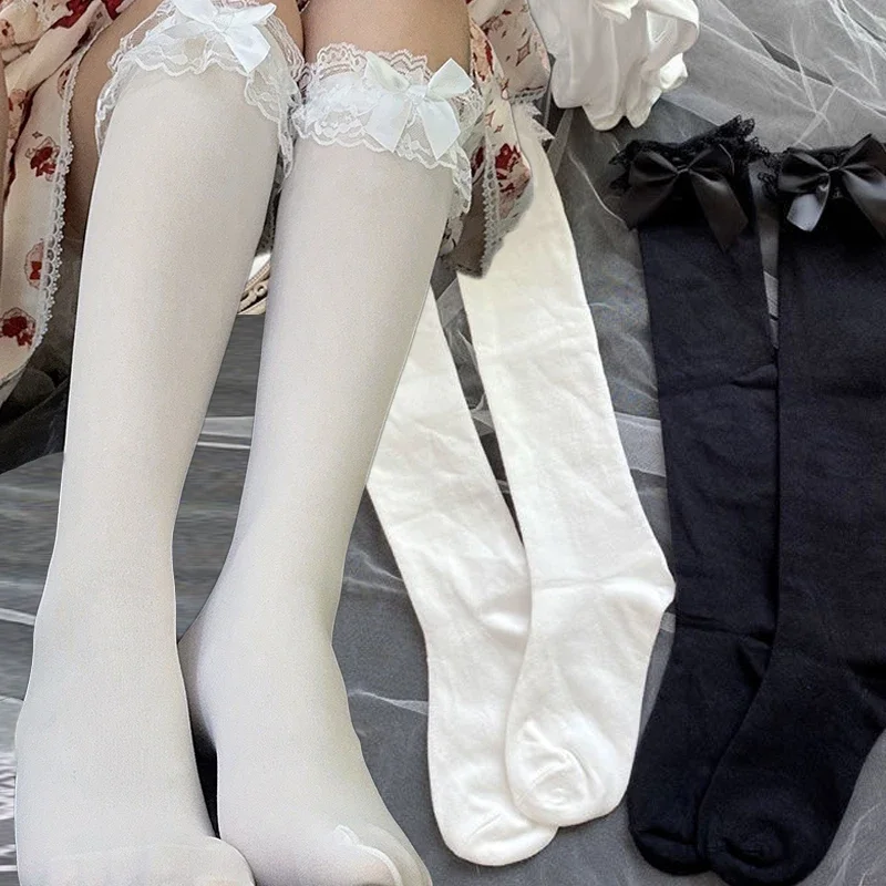 1/2pairs Lolita Lace JK Stockings Bow Lolita Socks Female Long Sock Lolita Sister Jk Uniform Knee Socks Student Cute JK Socks