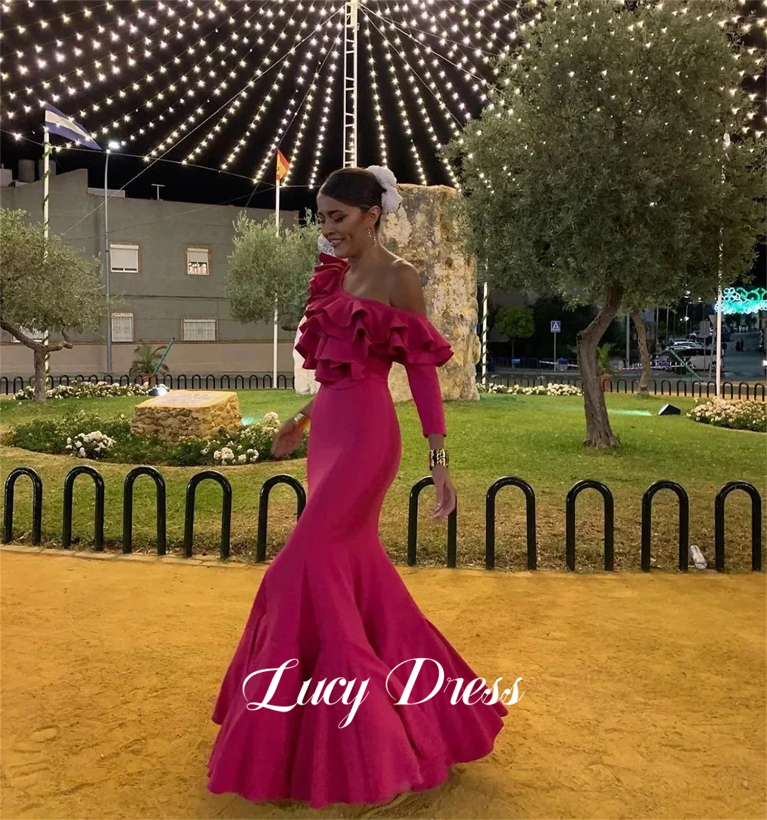 Lucy Three-dimensional Rotator Cuff Evening Dress Satin Rose Red Ball Gown Mermaid Gala Dresses Woman 2024 for Party Wedding