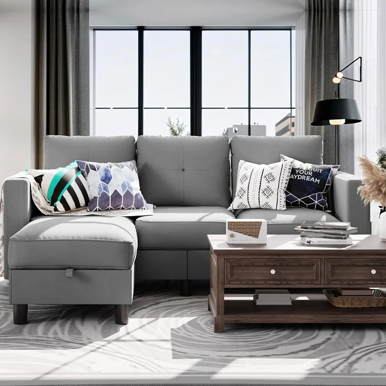 Nowoczesna sofa narożna z tkaniny lnianej, 3-osobowa, z odwracaną leżanką dla