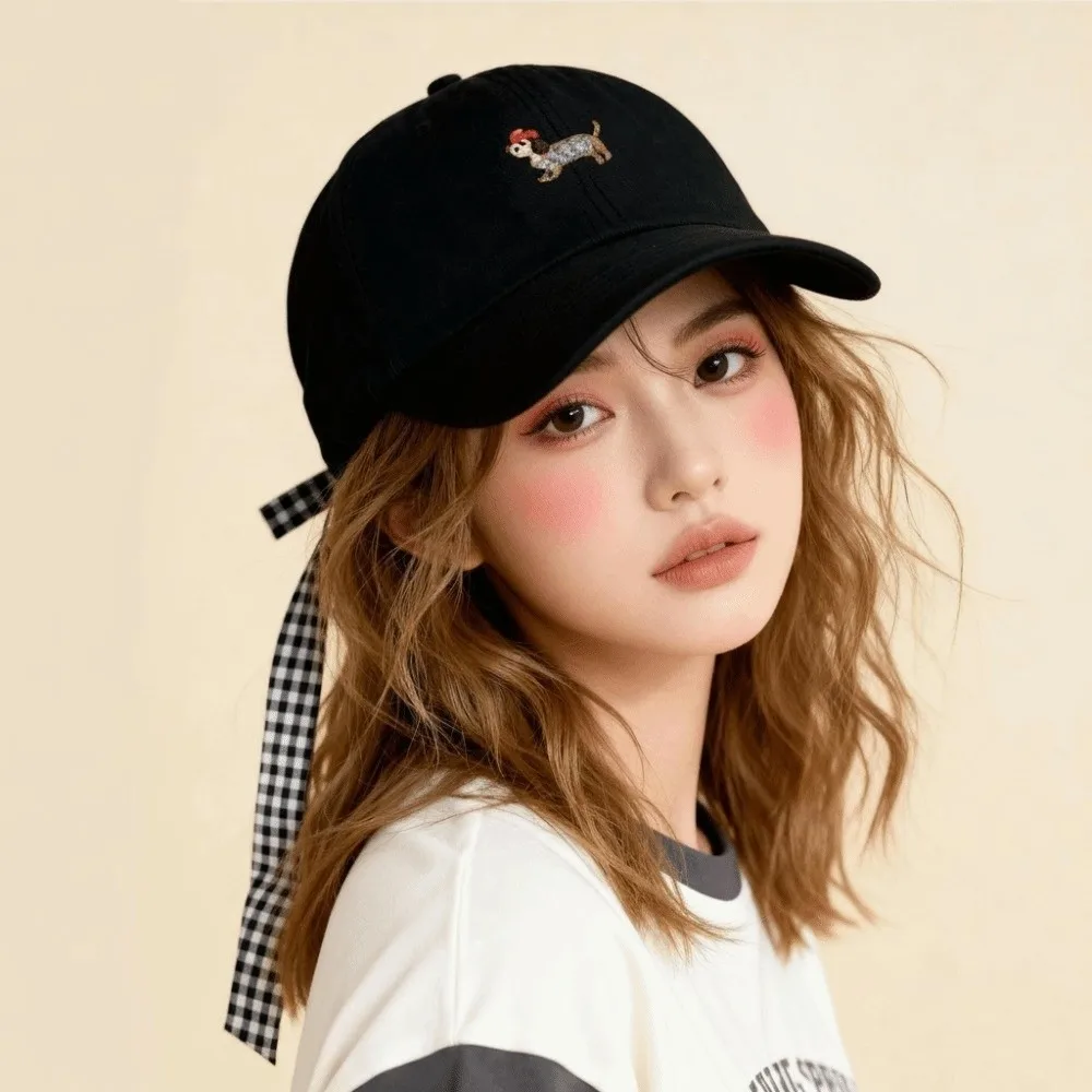 Neue Atmungsaktive Baseballkappe mit Schleife, Sonnenschutz-Entenschnabelmütze im Koreanischen Stil, Bestickter Hunde-Sonnenhut für Frühling/Sommer – Detail 7