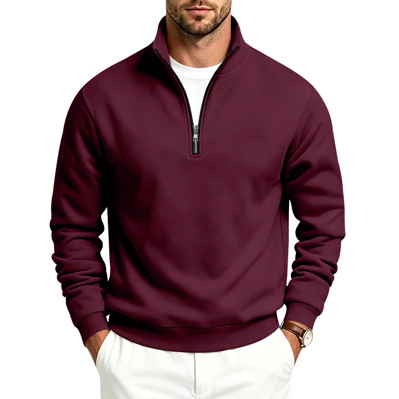 Men's Fall and Winter Fleece-Lined Stand Collar Sweatshirt, Half-Zip Pullover Long Sleeve Solid Color Warm Casual Jacket