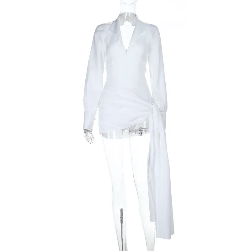 Women Fashion Sexy Lapel V Neck Long Sleeve Bodycon Clubwear Autumn Lace Up Backless Ruched Tie Ribbon Mini Shirt Dress