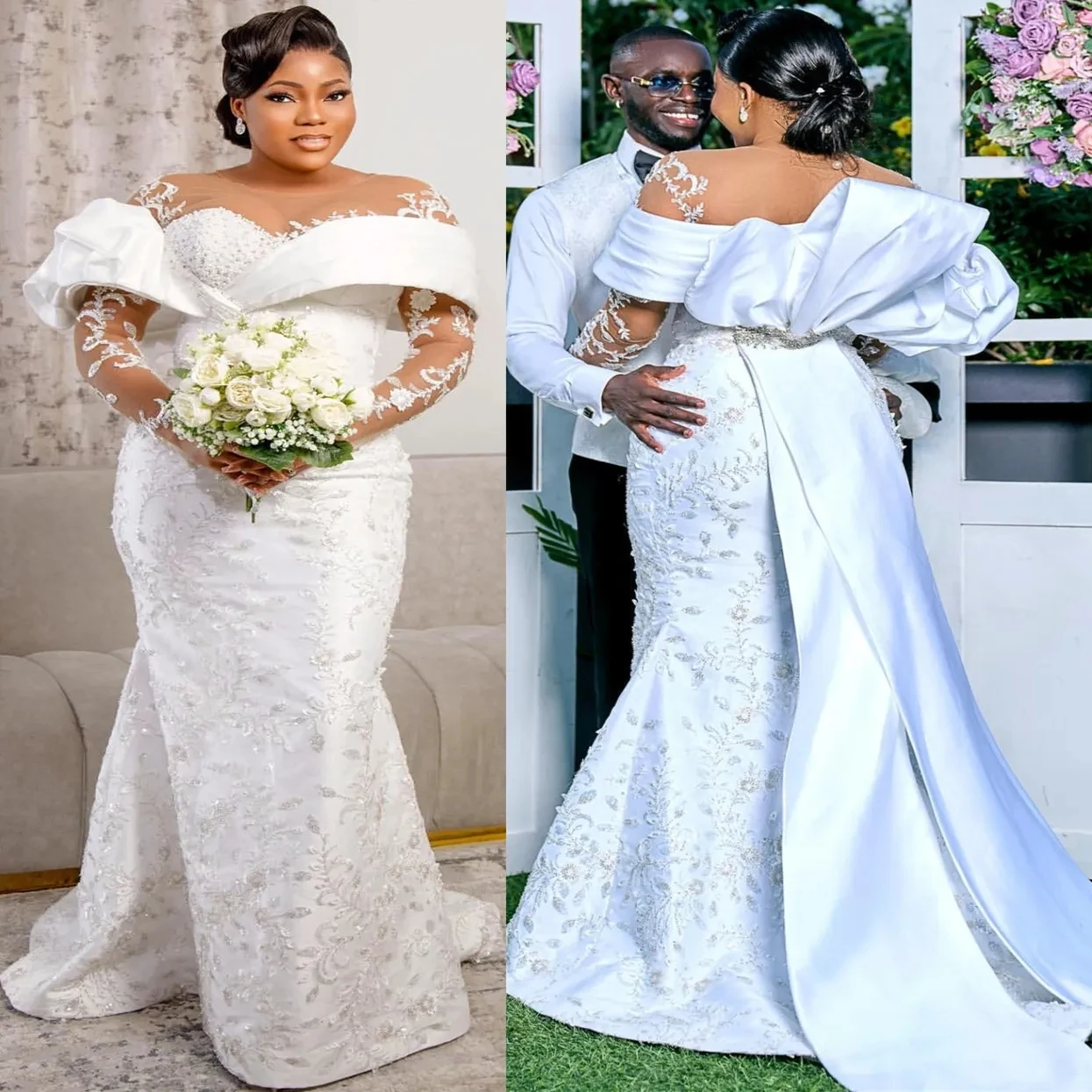 

2025 Elegant Mermaid Wedding Dress Sheer Neck Lace Appliques Beads Long Sleeves Vintage Bridal Bride Gowns Vestidos De Noiva