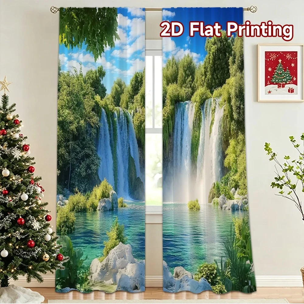 2D flat 2pcs Curtain Country Style Sunny Forest Waterfall Lake Durable polyester fiber Party & Holiday Decor Use for Holiday