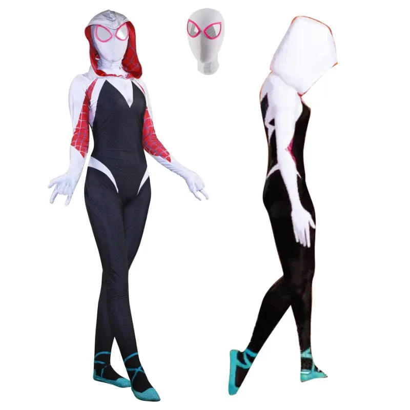 

MINISO Gwen Cosplay Stacy Spiderman Costumes For Women Grils Adult Jumpsuits Onesies Halloween Party Clothes With Mask