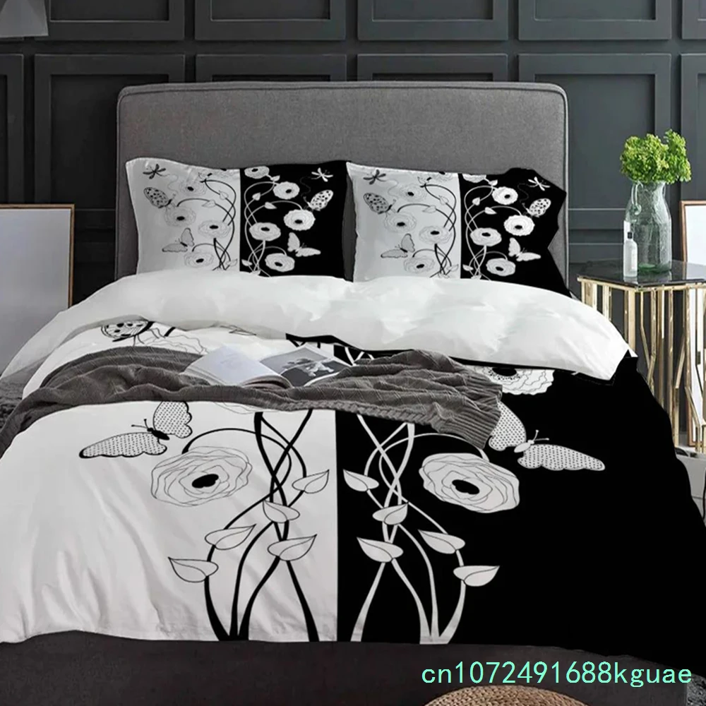 Black And White Flower Dragonfly Butterfly Bedding Set 3pcs Duvet Cover Pillowcase Quilt Cover Double Bed Set Home Textile
