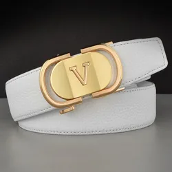 Men Leather Belt blue Automatic Buckle More Color Adjustable Genuine Leather white Belts Cow Leather Belt For Men Width V letter