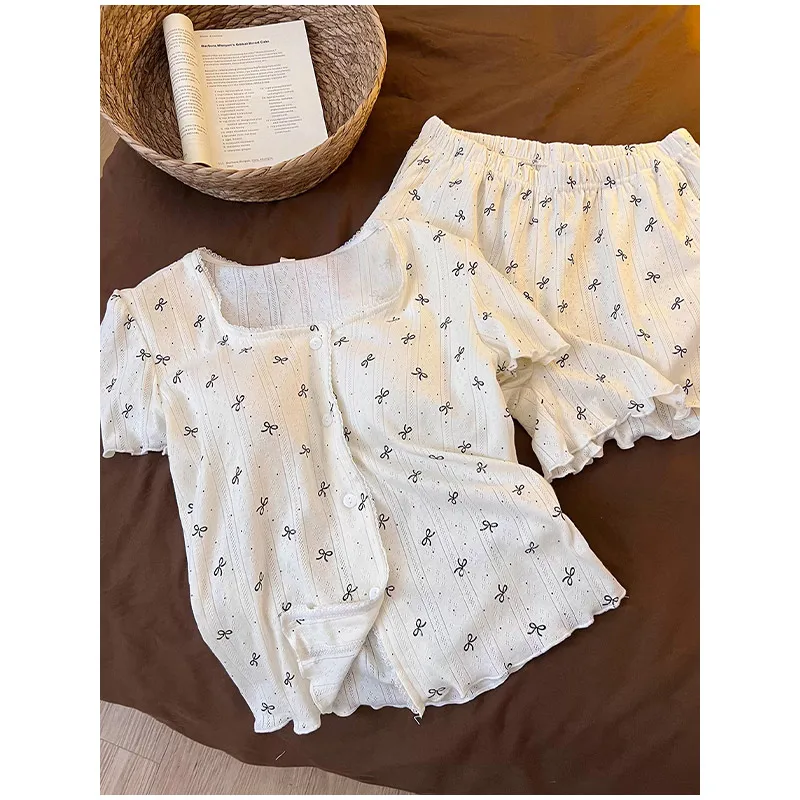 

Summer Women's Sweet Pajamas Built Chest Pads Short Sleeve Shorts Bow Polka Dot Breathable Comfortable Outer Wear Home Outfit