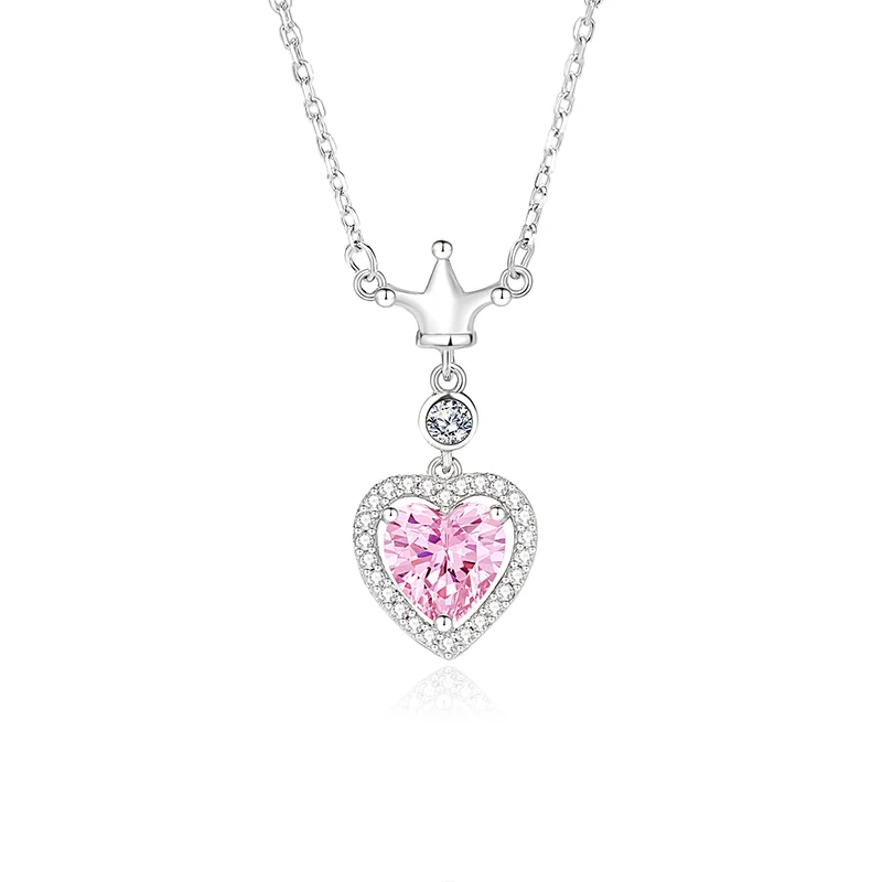 Original Design Pink Heart Crown Necklace S925 Silver Heart Shaped Zircon Exquisite Design Light Luxury Sweet 45cm Chain Female