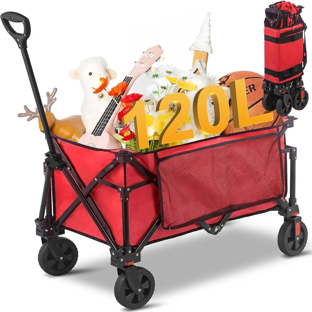 220LBS Collapsible olding Wagon - Heavy Duty Garden Cart with All Terrain Wheels, Portable Shopping Wagon or Outdoor, Camping &