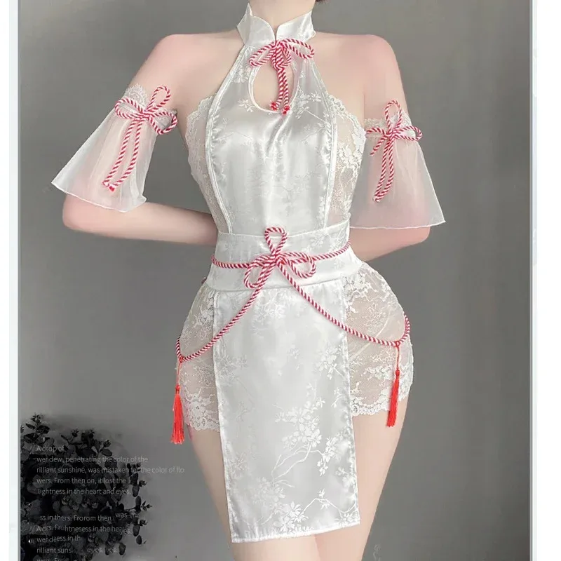 Halloween Anime Little Fox Girl Miko Cosplay Backless Cheongsam Dress Lolita Lace Hollow Out Qipao Uniform Lingerie Sleepwear