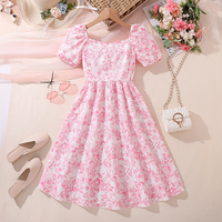 Kids Dress Pink Floral Square Collar Short Sleeve Princess Dress Sweet Style Birthday Party Activity Communion Dress OOTD