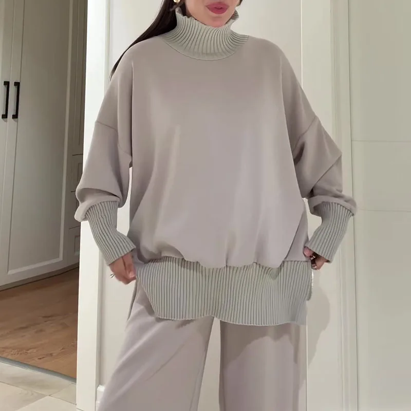 Outono inverno solto de malha duas peças conjunto simples cor sólida manga longa roupa casual feminino elegante bolso calças retas terno