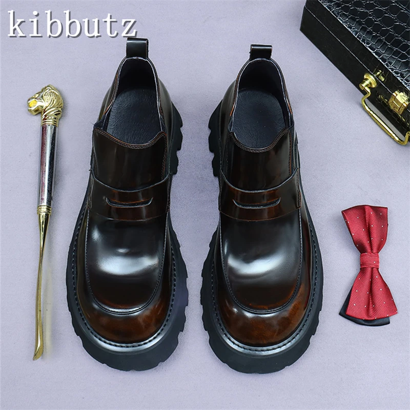 Men New Bright Leather Chelsea Boots Genuine Leather High Top Business Shoes Cowhide Thick Soles Ankle Boots