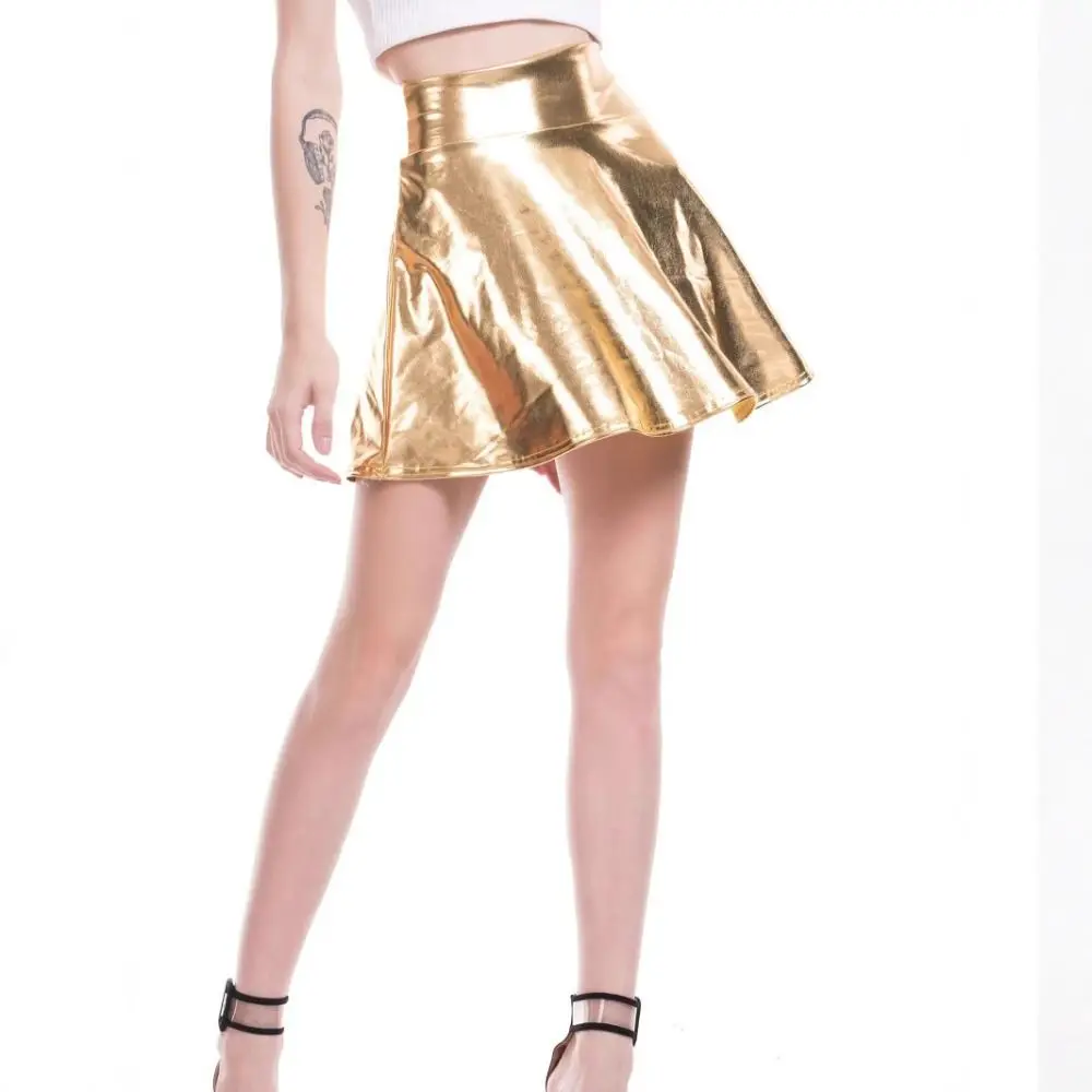 Elegant Metallic Pleated Skirt Gold Silver Retro A-line Short Skirt Elastic Flared Design Girls Short Mini Skirt Daily Wear